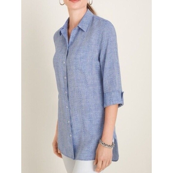 Chicos No Iron Linen Top Womens 2.5/Large Blue Button Front Tunic Half Sleeve - Picture 1 of 12